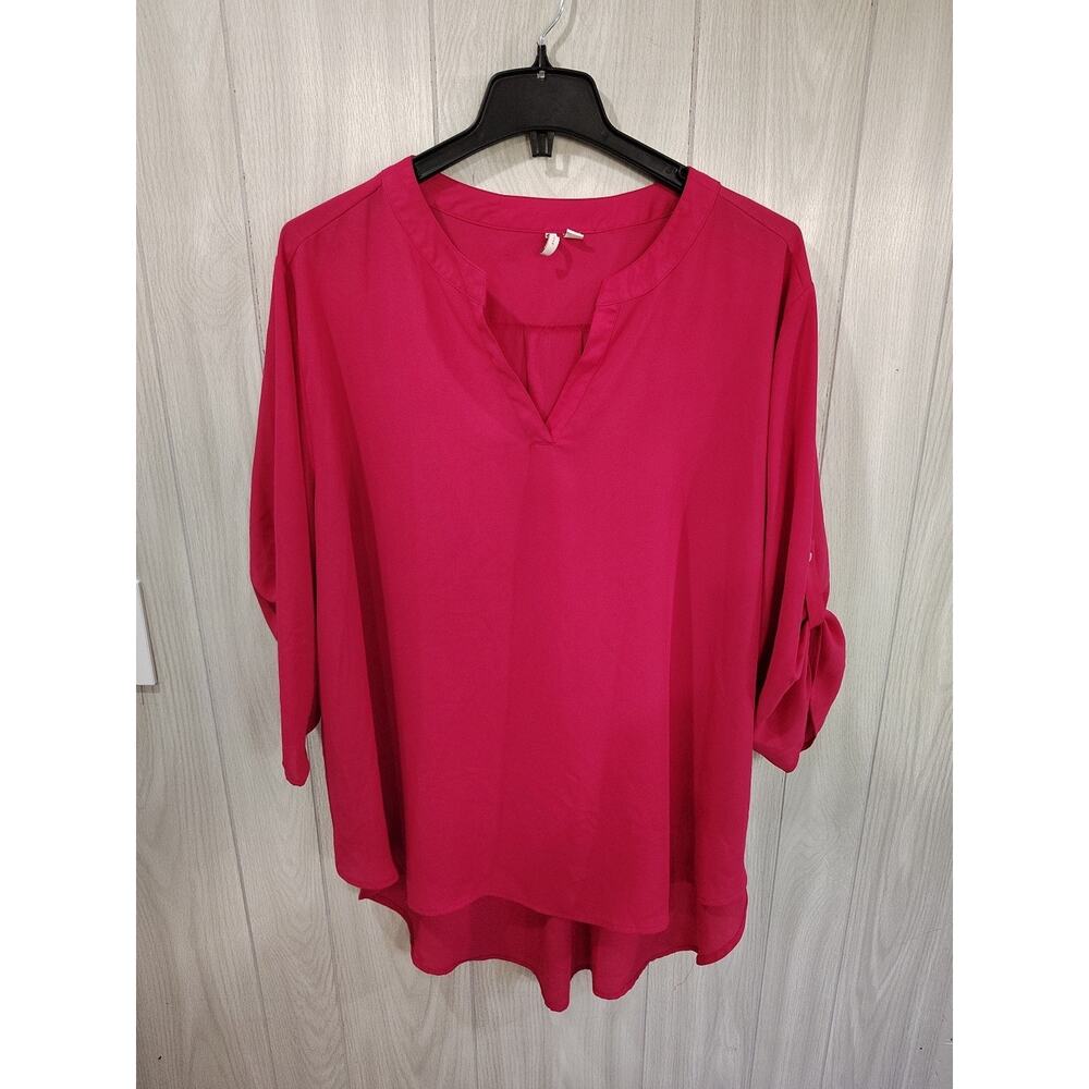 Woman's Hot pink 3/4 sleeve V neck tunic blouse 26/28W Feminine boho Plus Fairy
